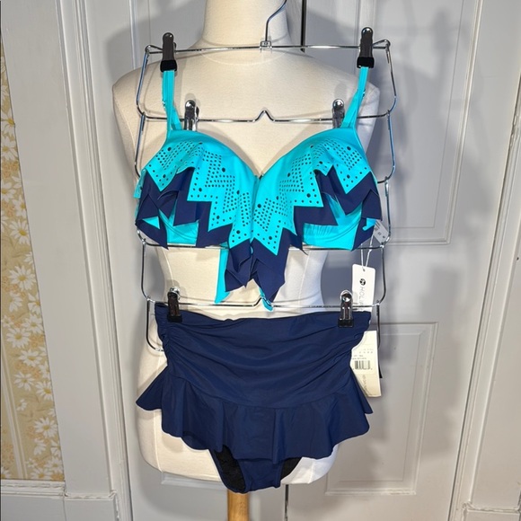 Super Cute Holypick Top & Gottex Bottom Teal/Navy Bikini Set Perforated Ruffle - Picture 1 of 15